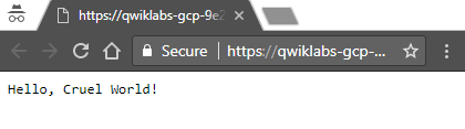 Fenêtre de navigateur avec &quot;Hello, Cruel World!&quot; affiché sur la page