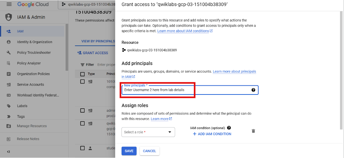 The settings of a Google Cloud IAM grant access window displays the addition of a user to a project