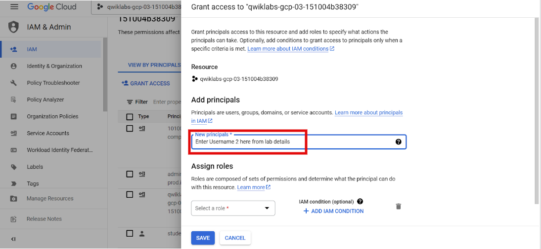 La configuración de una ventana para otorgar acceso de Google Cloud IAM muestra la incorporación de un usuario al proyecto.