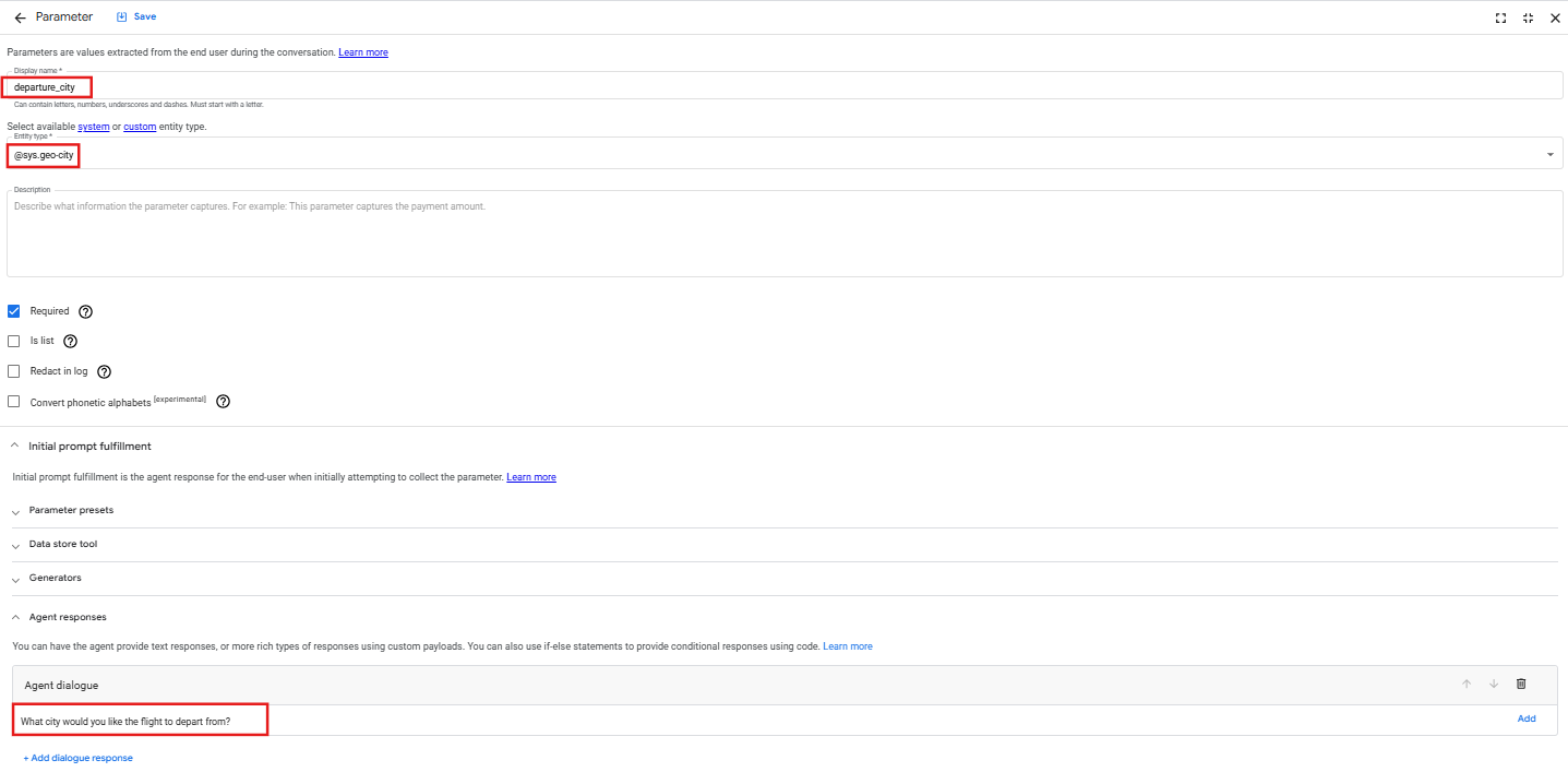 Initial prompt fulfillment section with Agent says field populated