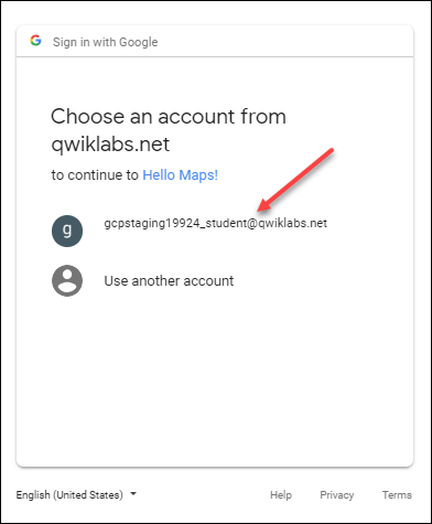 The student account highlighted in the Choose an account from qwiklabs.net dialog