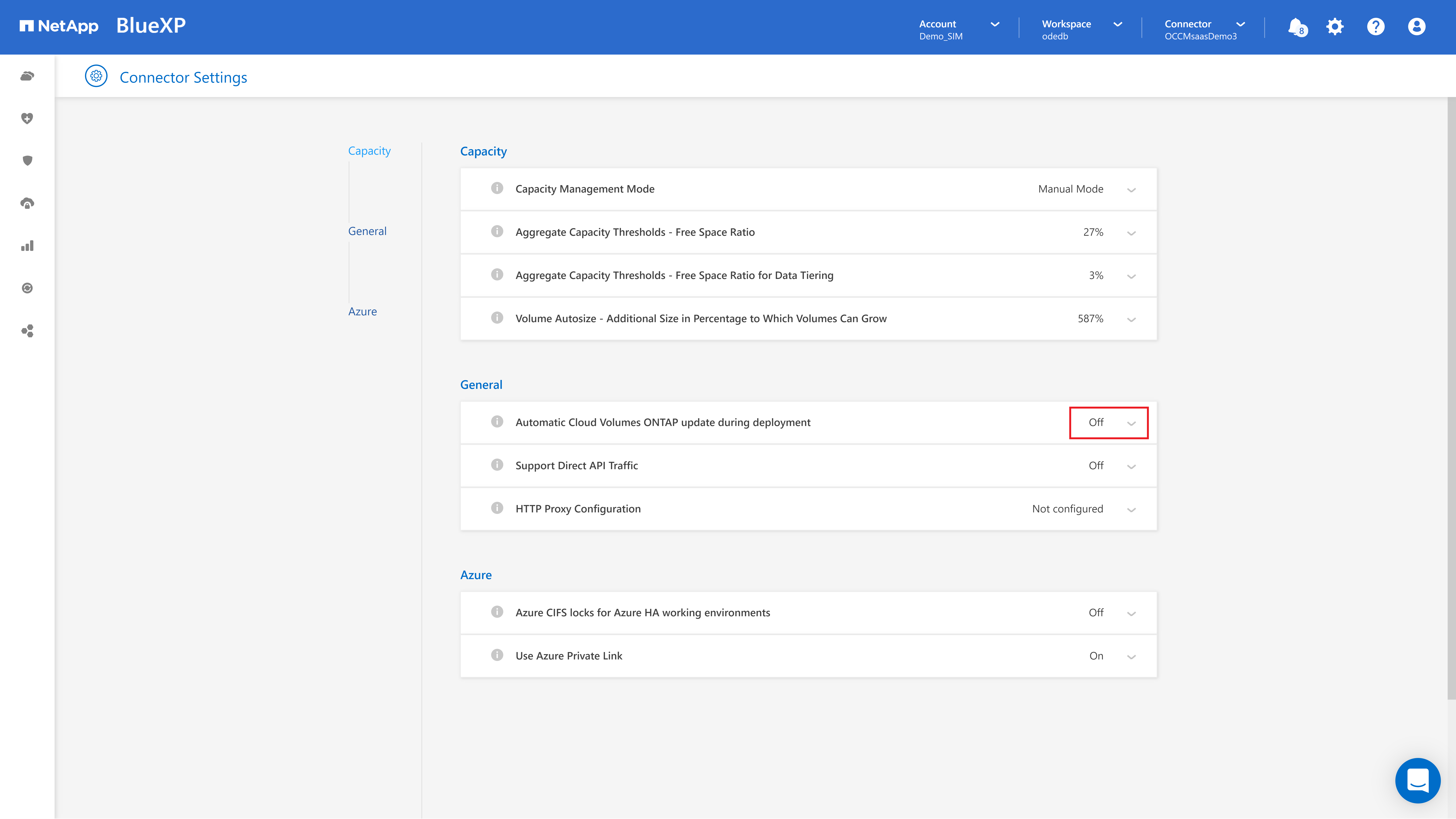 Capacity tabbed page displaying configuration fields for Capacity, General, and Azure