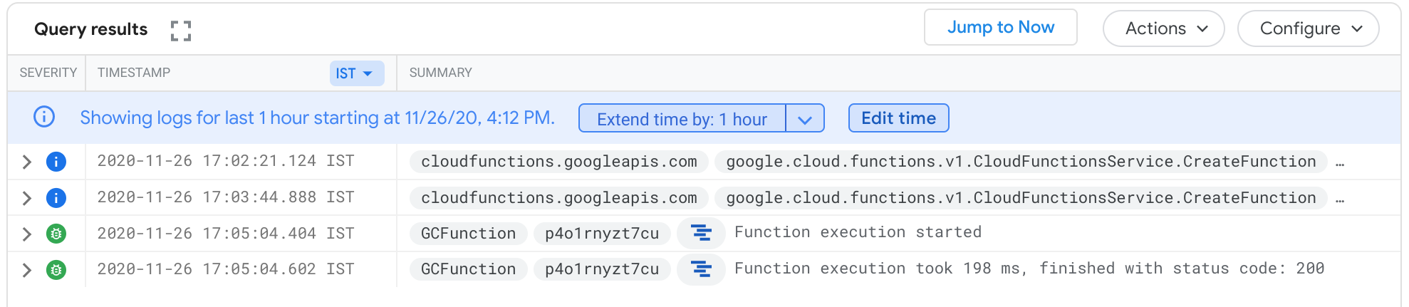 Log history on Query results page