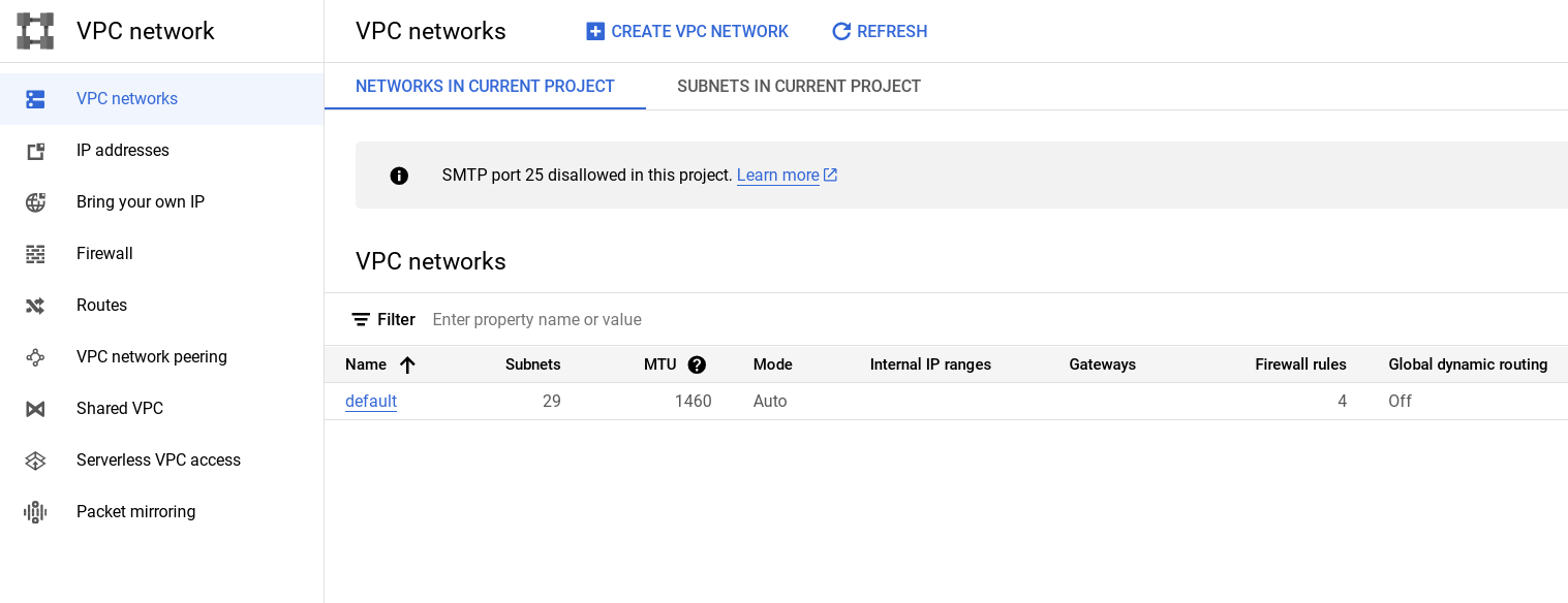 The VPC networks page displaying a list of network including their associated information such as IP address ranges and gateways 