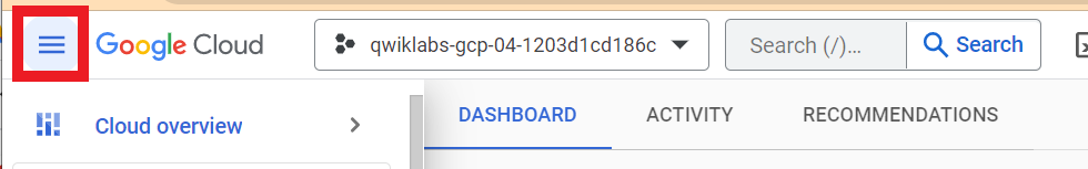 Google Cloud console menu with the Navigation menu icon highlighted