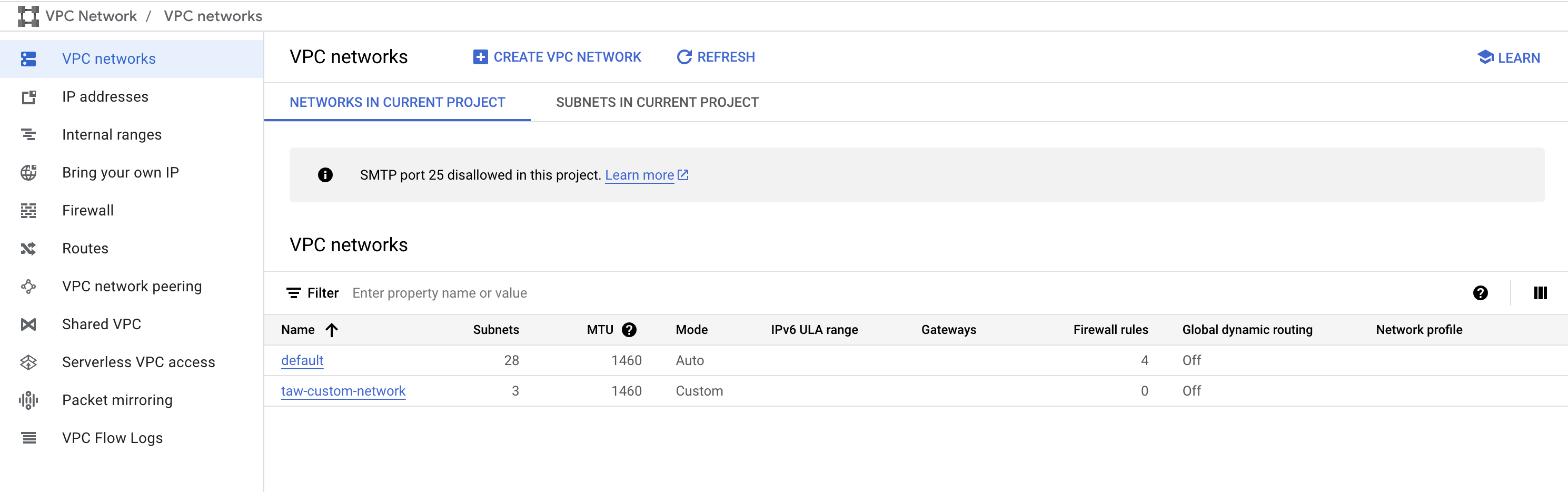 taw-custom-networking highlighted on the VPC networks page