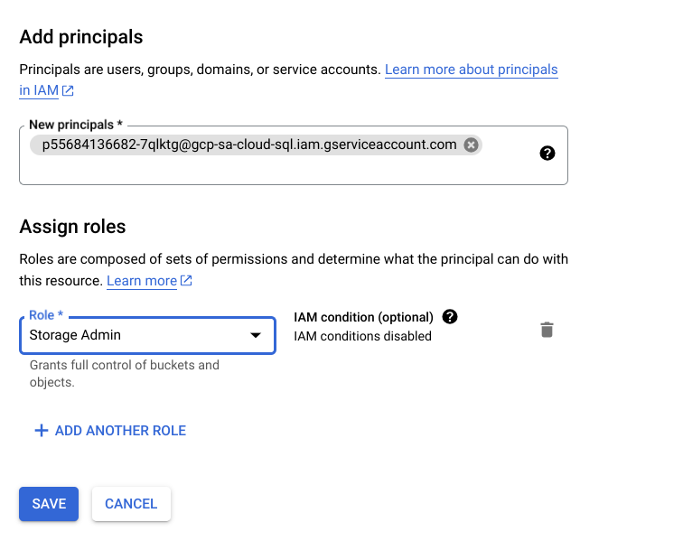 The permissions sidebar displaying the information for New principals, Role, and Condition, as well as buttons to Save and Cancel