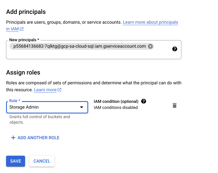 Sidebar Permissions menampilkan informasi untuk New principals, Role, dan Condition, serta tombol untuk Save dan Cancel