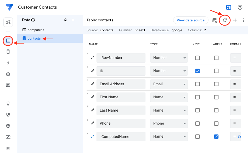 The Regenerate Structure button highlighted on the Columns tab of the contacts table