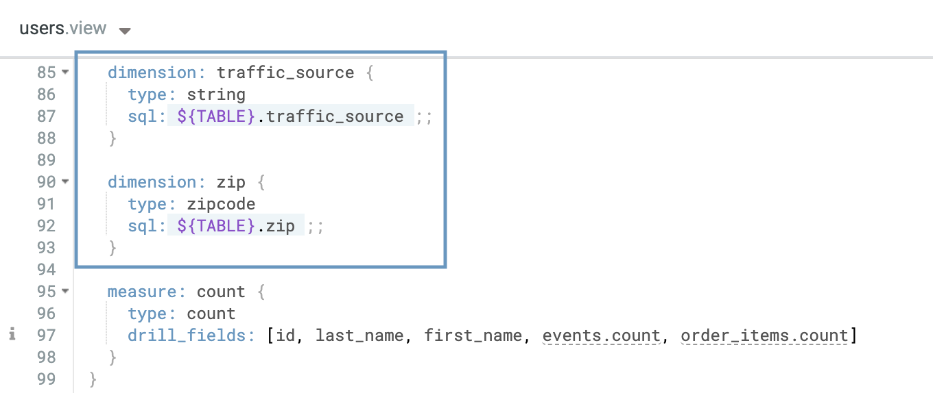 dimensions highlighted in the users.view view