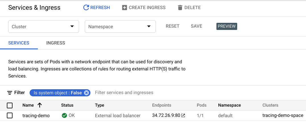 The Services tabbed page, with the tracing-demo listed along with its specifications.