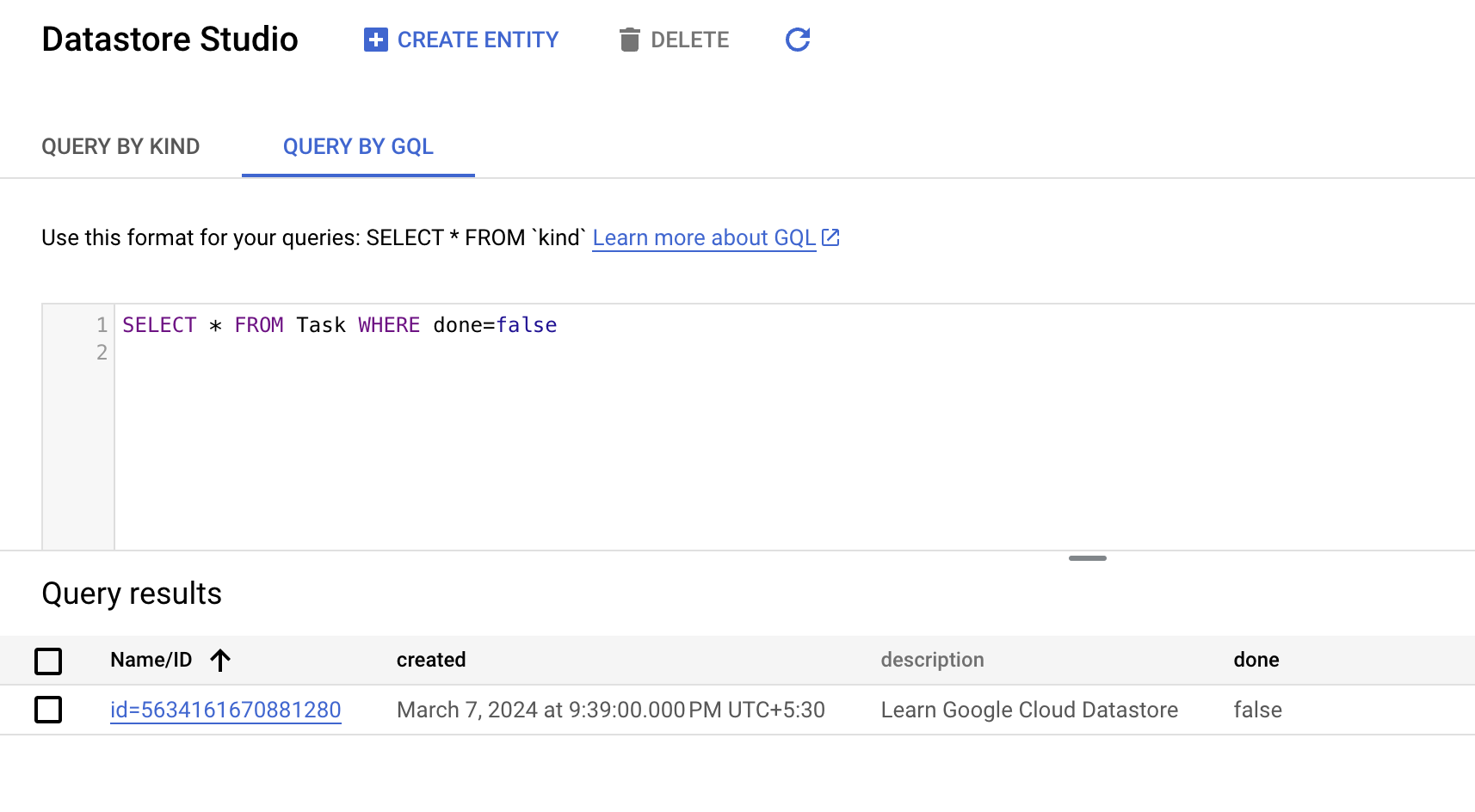 The task entity populated in the Query by GQL tab.