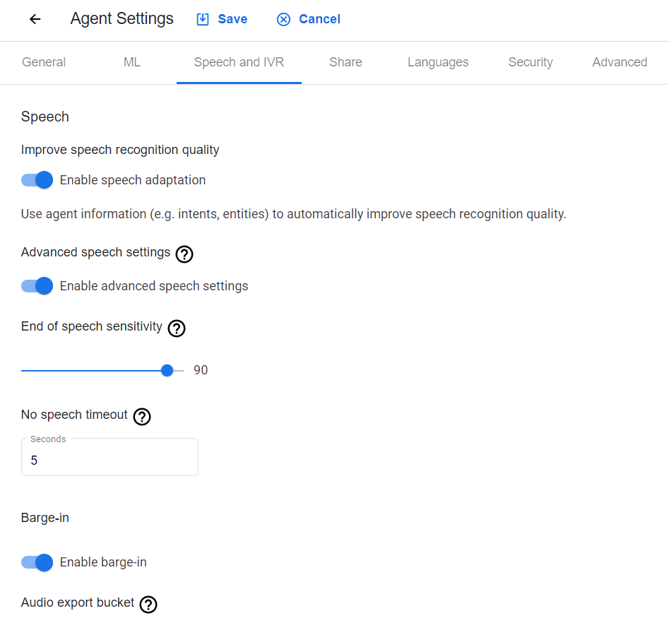 Agent Settings, Speech and IVR tabbed page