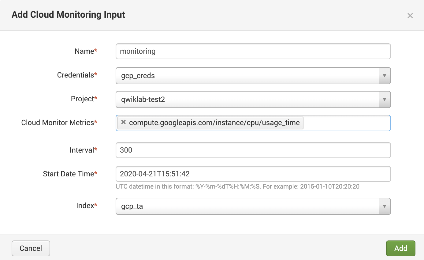 Add Cloud Monitoring Input page displaying the input taken from the table