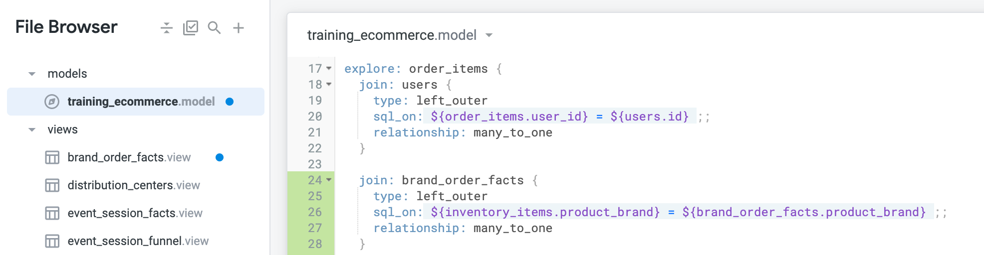 File browser page showing training_ecommerce.model code