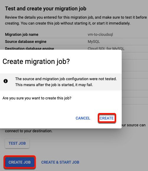 Create migration job? dialog box. Cretae button is highlighted.