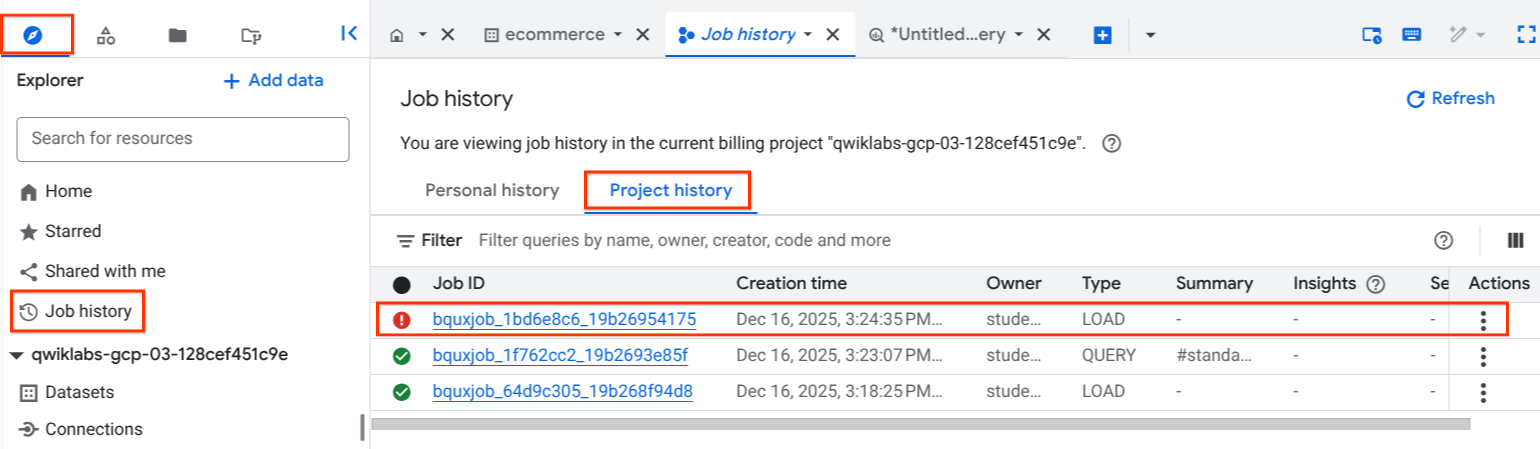 The Project history tab reflecting the highlighted error message