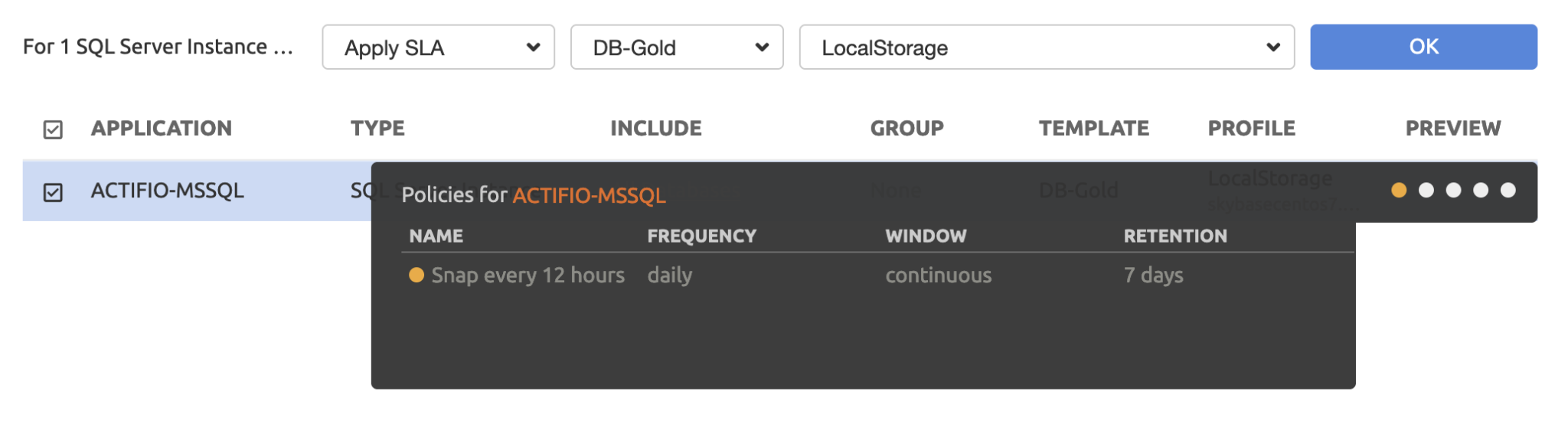 The ACTIFIO-MSSQL policies preview, including its frequency, window, and retention settings.