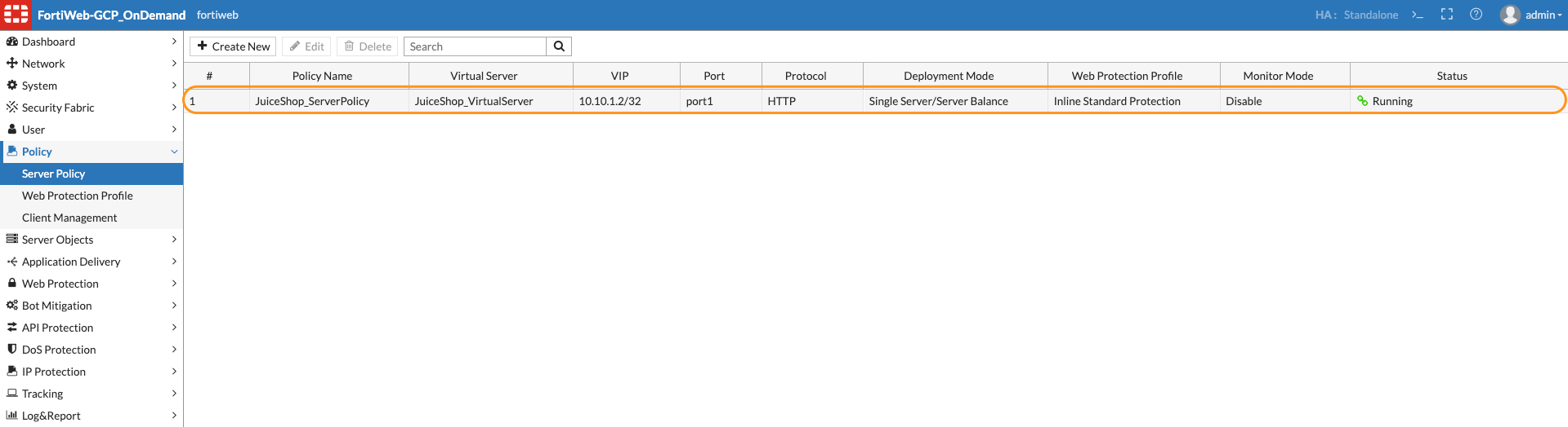 FortiWeb Policy Web Protection Profile