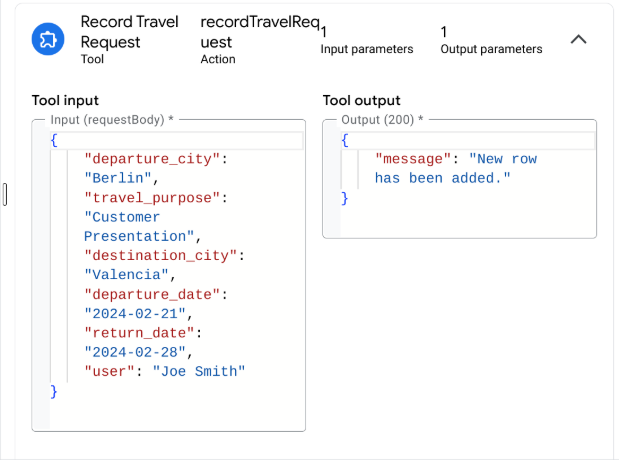 表明已成功调用工具的 Record Travel Request 工具卡片。