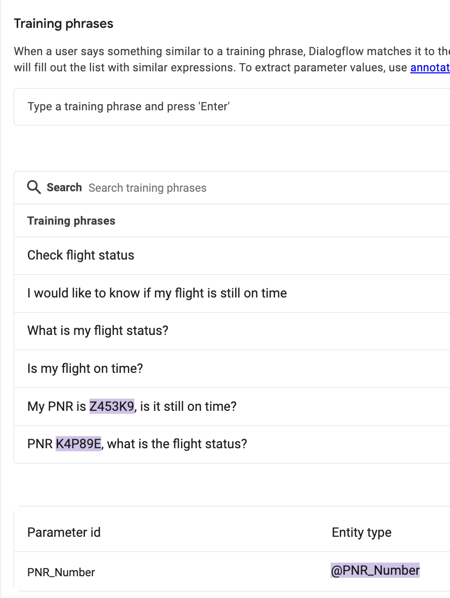 The Training phrases page with the highlighted PNR number