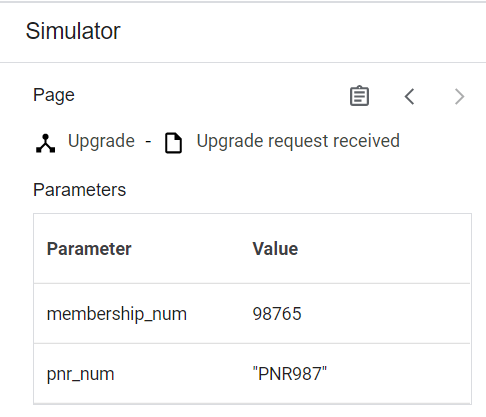 The Simulator page displaying the parameters and values