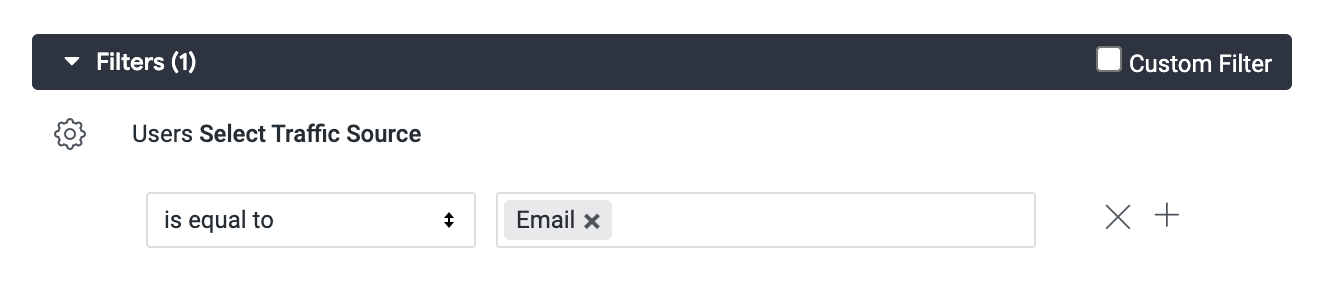 Filters(1) dialog box with Users select traffic source set to is equal to email