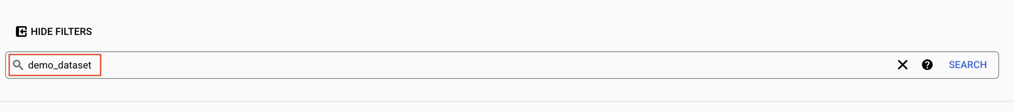 La página Data Catalog, con el término de búsqueda &quot;demo_dataset&quot; escrito en la barra de búsqueda.