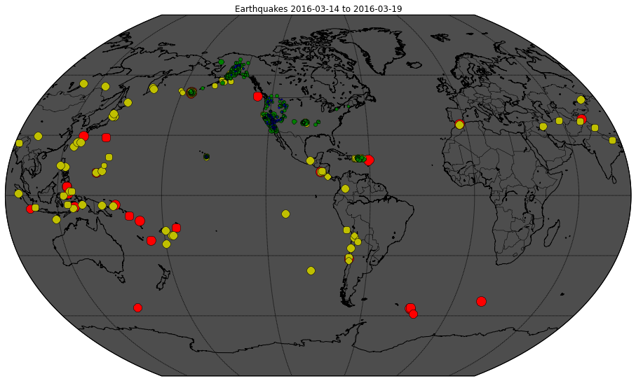 Mapa mundial exibindo indicadores de terremoto