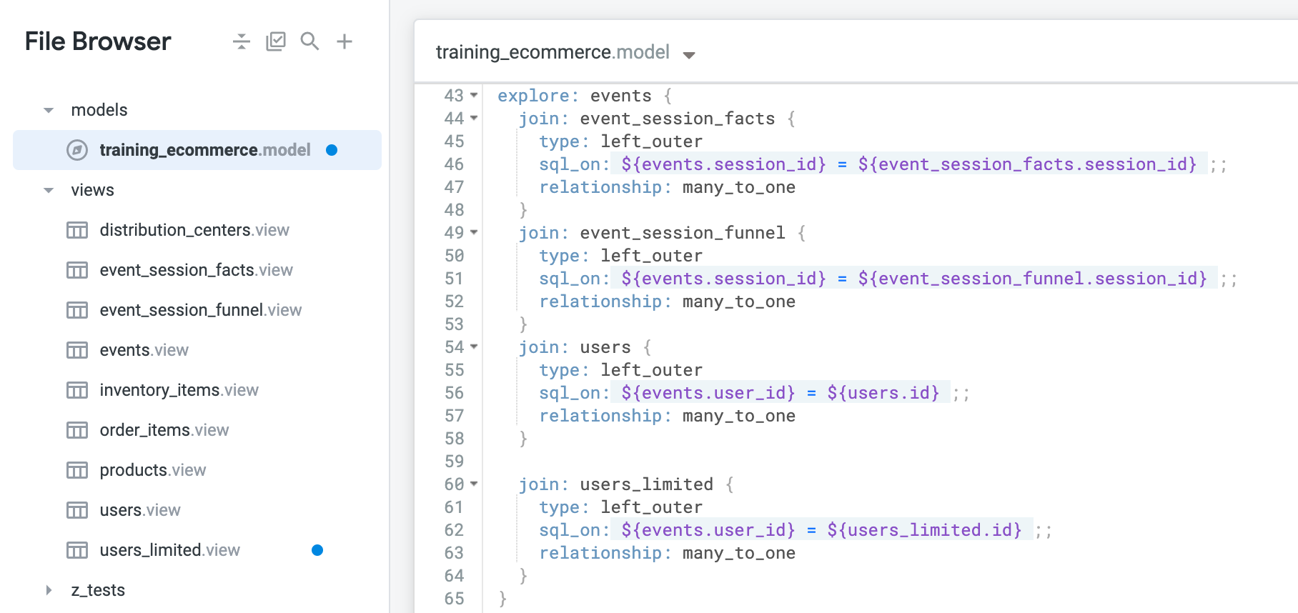 training_ecommerce.model tabbed page open in the File Browser