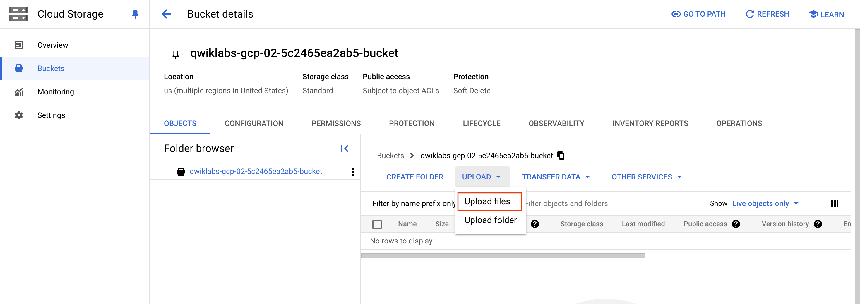 Bucket details page in Cloud Storage with UPLOAD FILES text highlighted