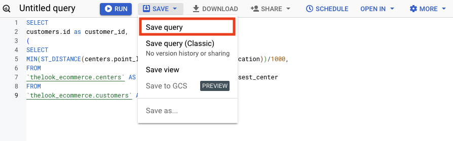 The Save dropdown menu, which includes the options Save query and Save view.