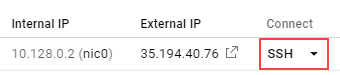 External IP address and SSH button highlighted