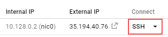 Adresse IP externe et bouton SSH en surbrillance