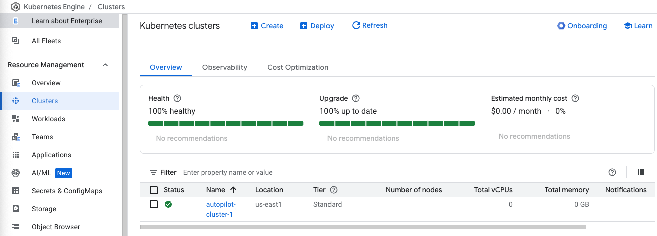 autopilot-cluster-1 のロケーション、クラスタサイズ、合計コア数、合計メモリなどの詳細が表示された Kubernetes クラスタページ