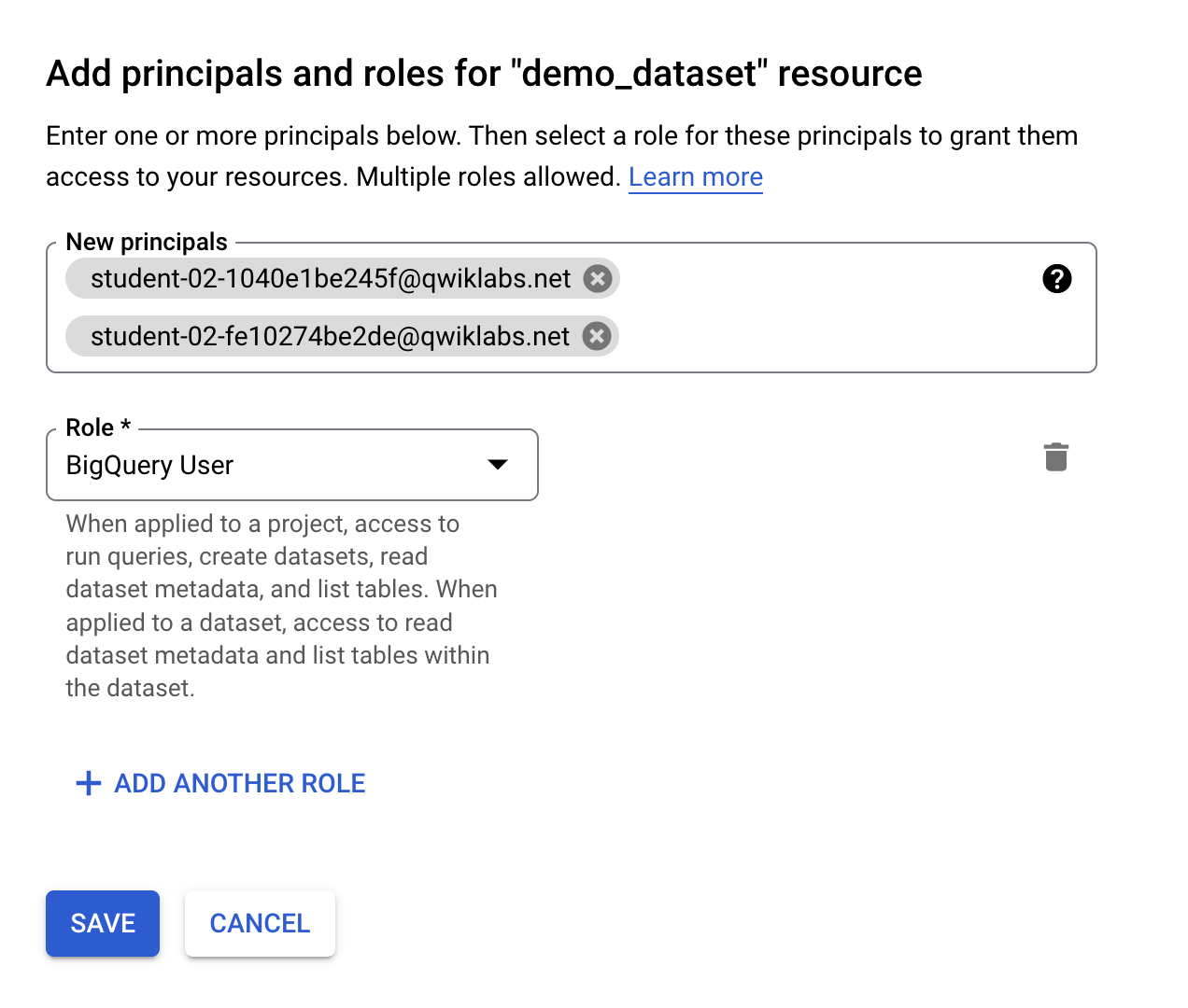add principals to shared dataset