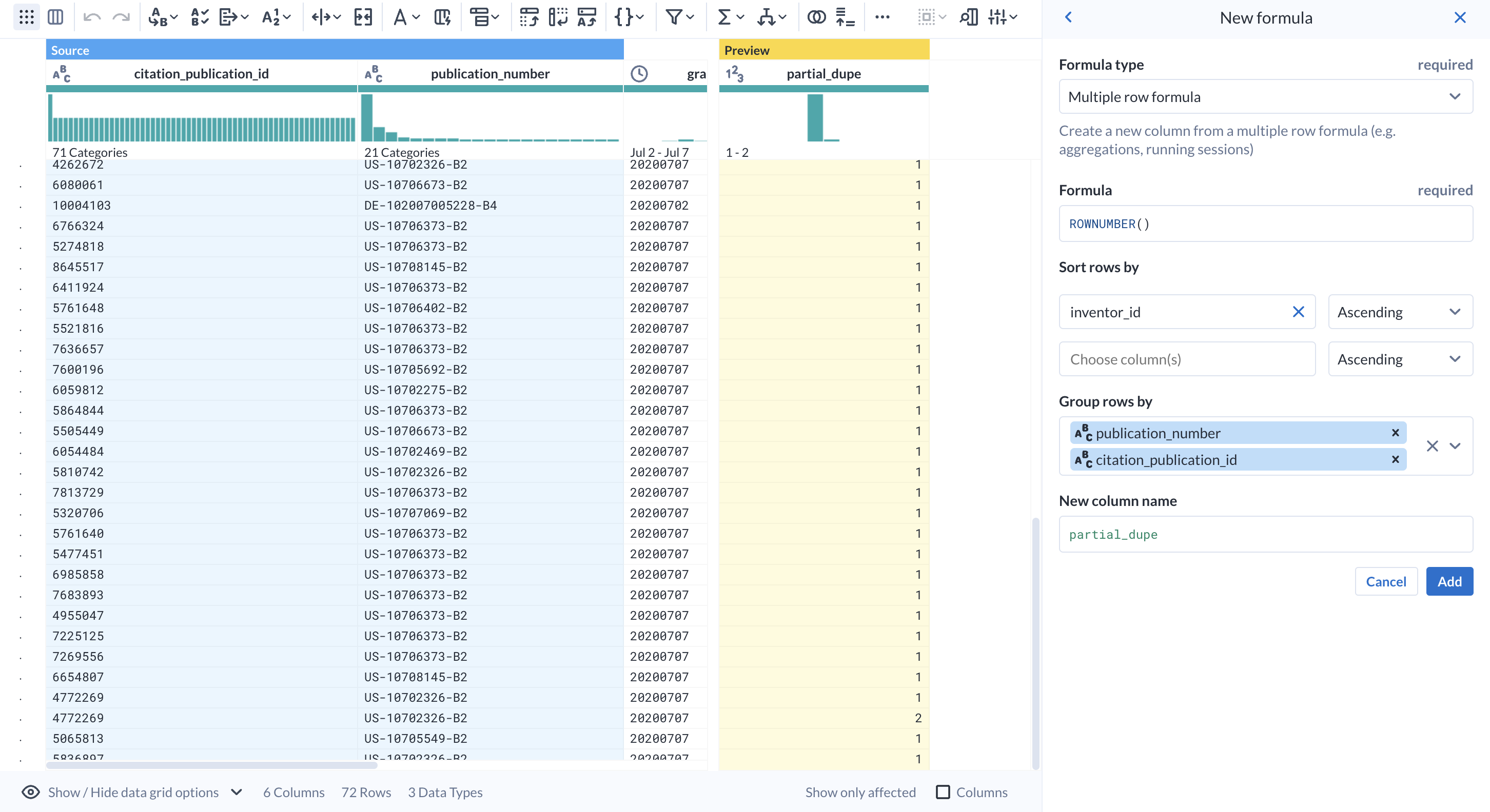 Group rows by field displaying the added columns