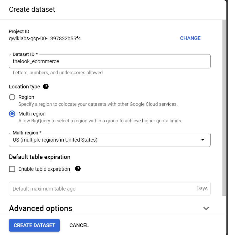 The Create dataset page, which lists various fields, including Location type and Multi-region.