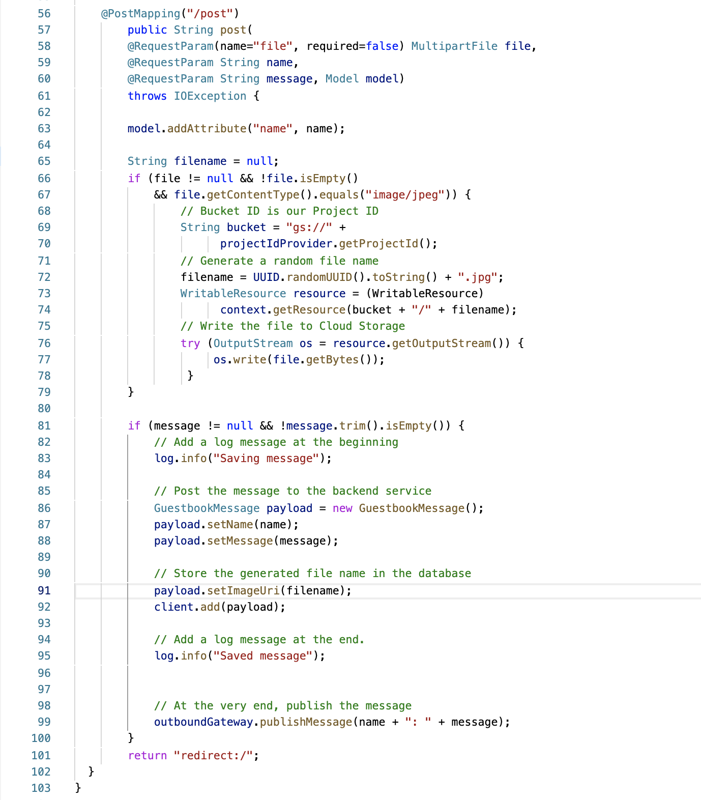 Lines 56 to 103 of the FrontendController.java file