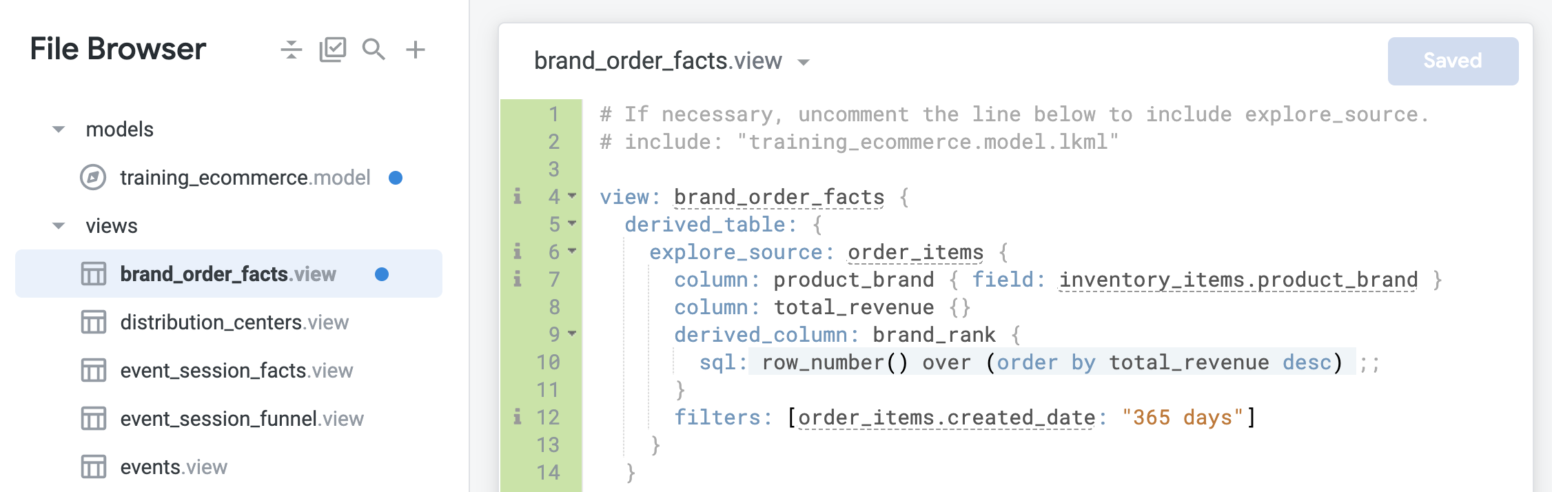 File browser page showing brand_order_facts.view code
