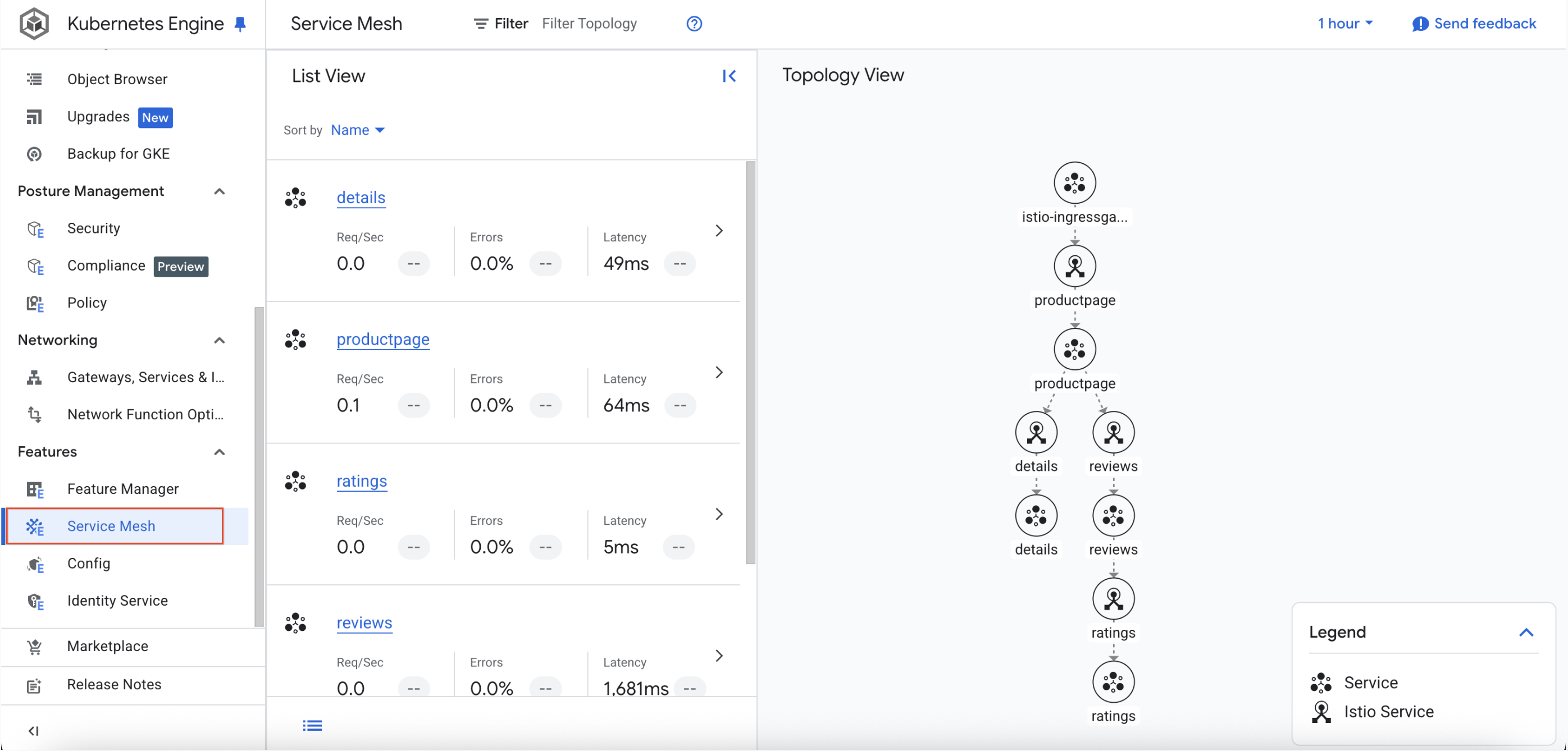 Service Mesh Dashboard, with a list of services and their specifications.