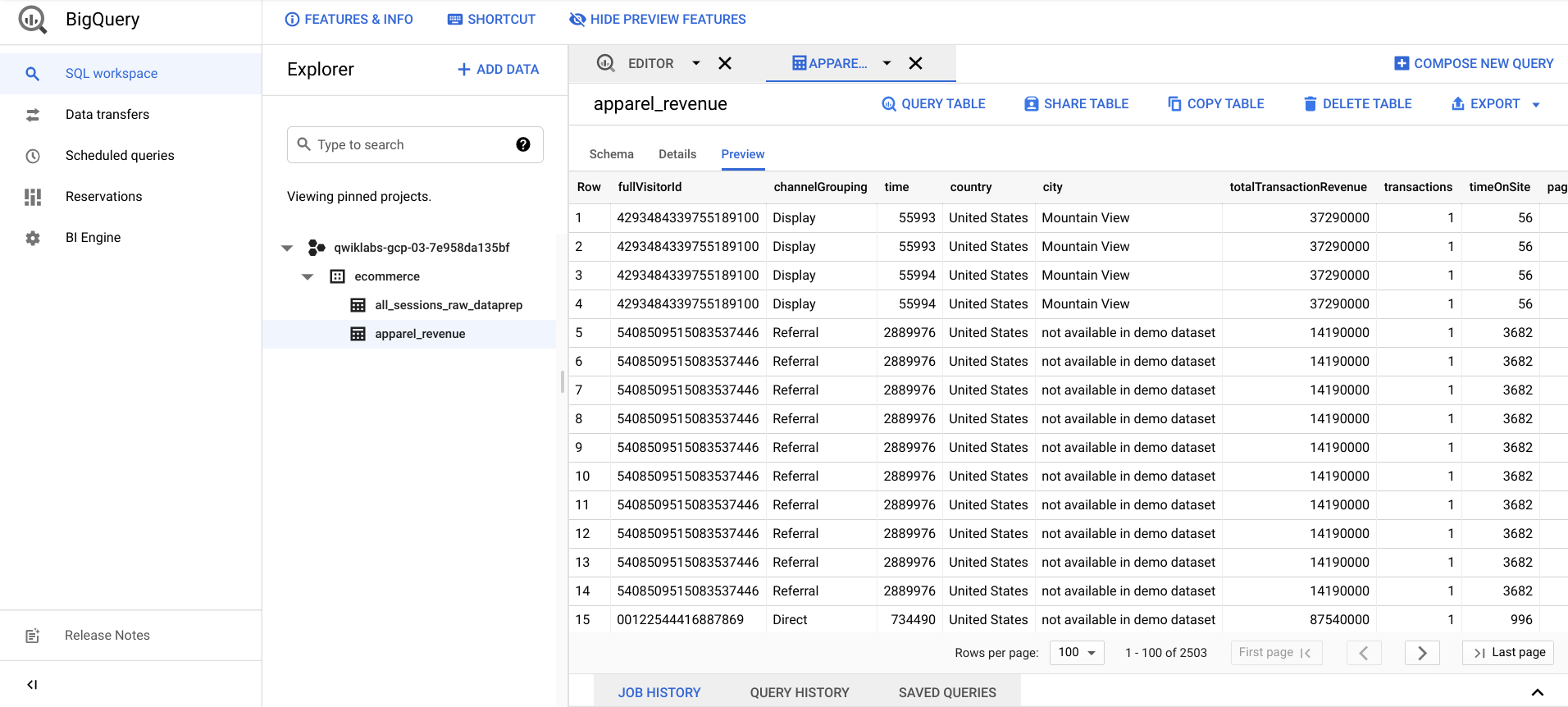 Query result in Preview tabbed view