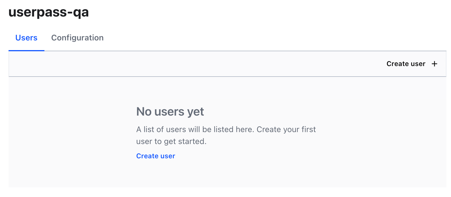 The Users tabbed page, which includes the Create user button.