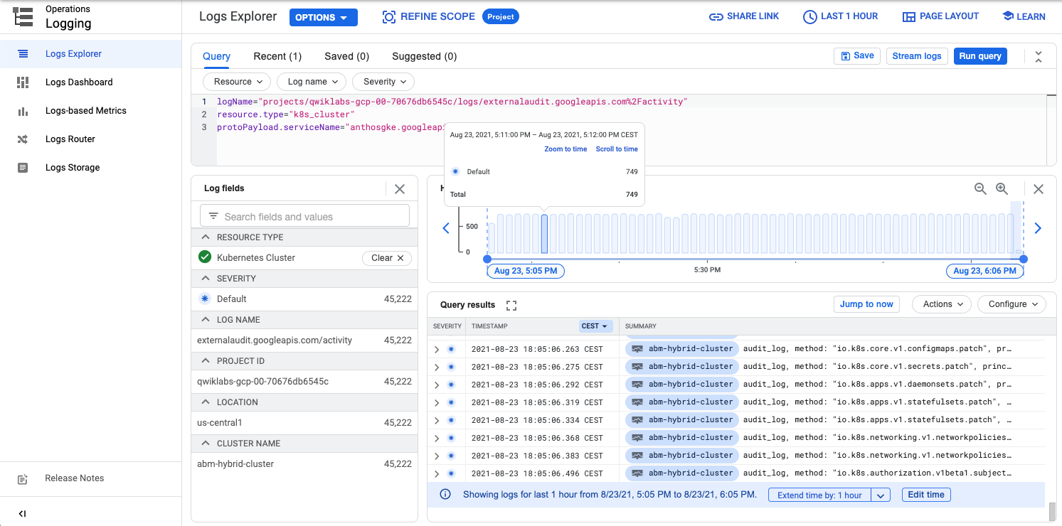 Audit logs listed in the Logs Explorer.