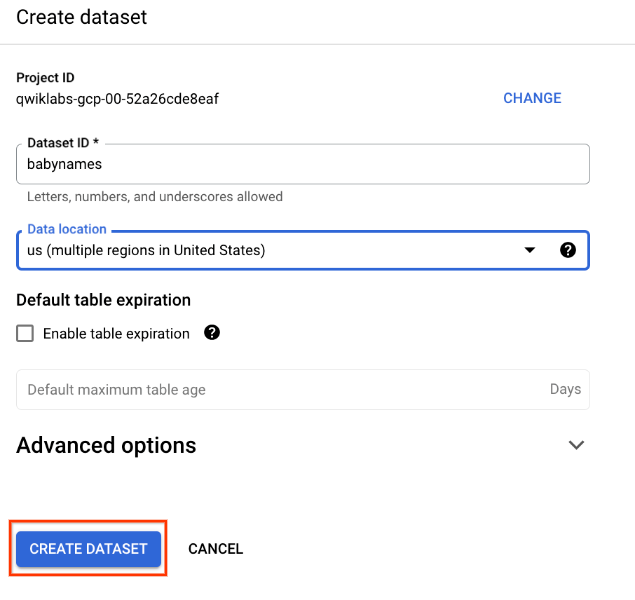create dataset page with Create dataset button highlighted