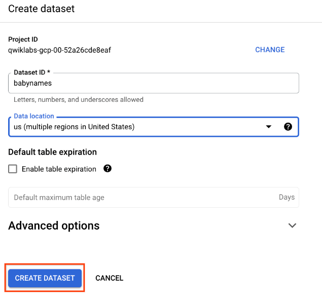 [データセットを作成する] ページ。[データセットを作成] ボタンがハイライト表示されている。