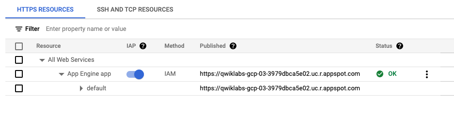 The HTTPS Resources tabbed page, which displays the toggled switched on for IAP in the App Engine app field.