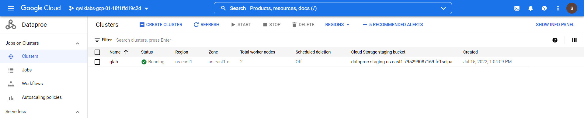 Clusters page displaying the status of the glab cluster as Running