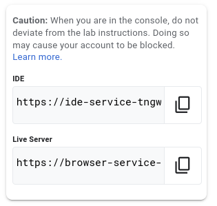 The Lab Details panel displaying the IDE and Live Server links