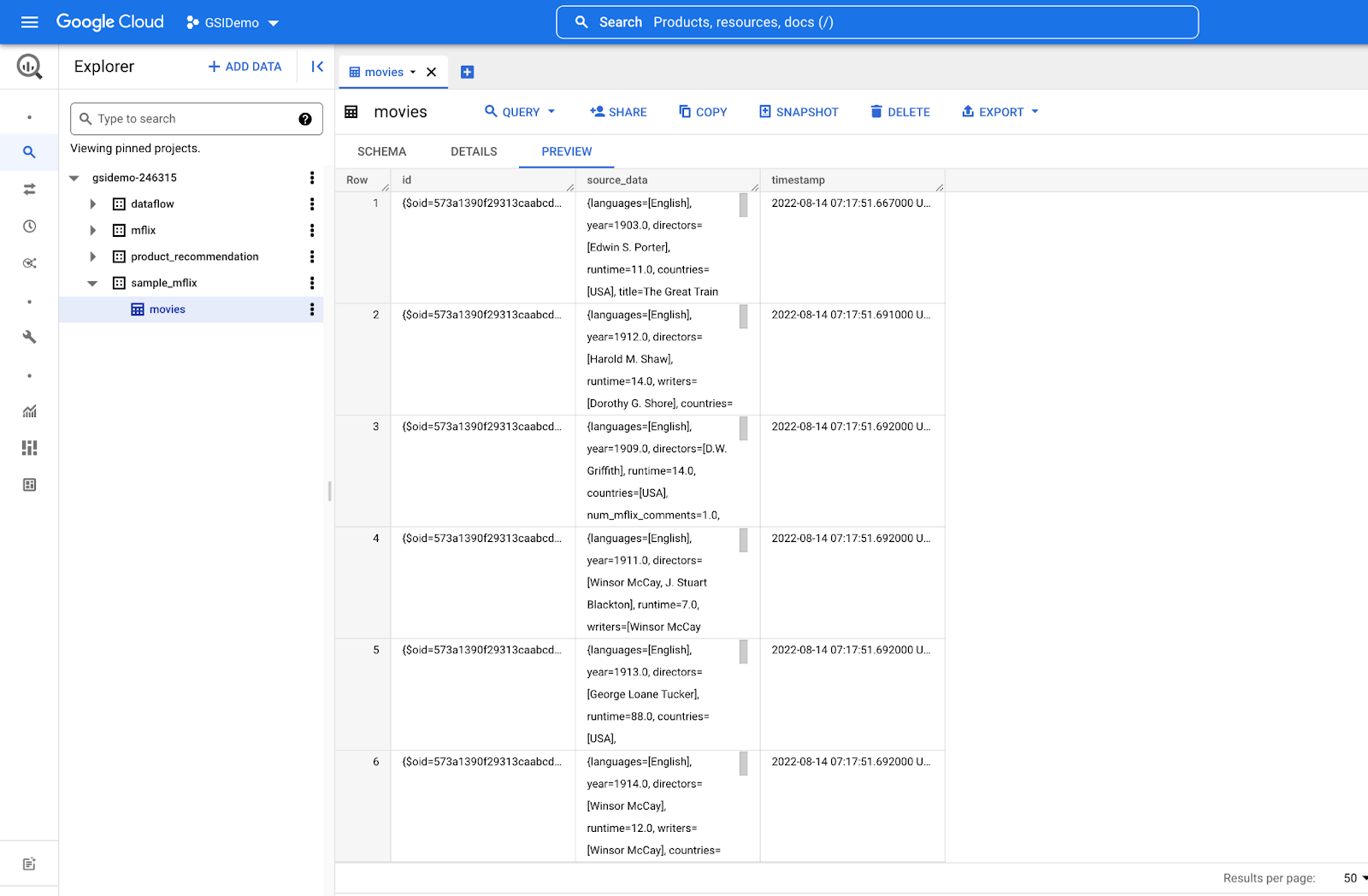 The Preview tabbed page, which lists the movies and its specs.